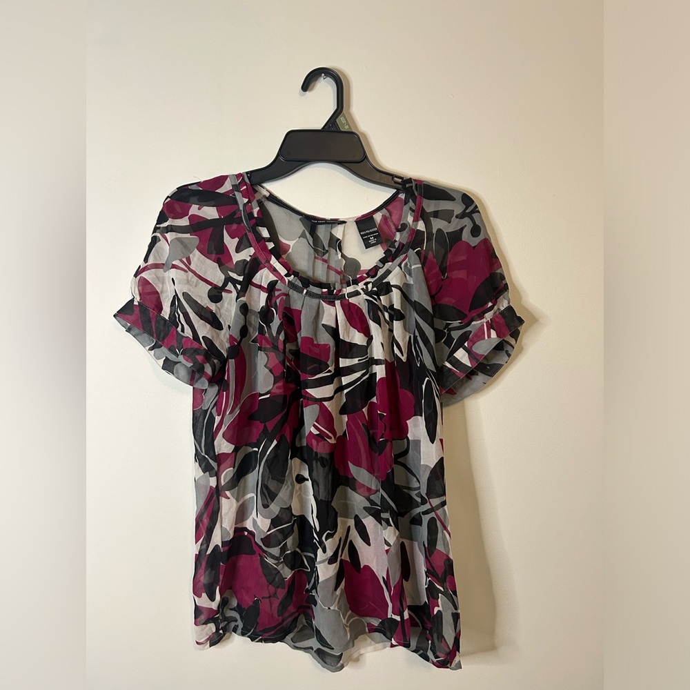 New York & Company Pink and Black Floral Blouse